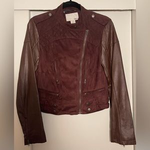 Brown faux leather & suede jacket in size small with asymmetrical front zipper